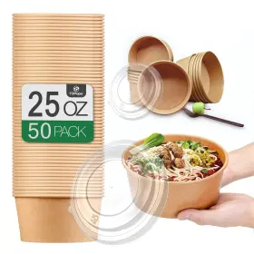 Zw-24oz-90p Toptoper 50 Pack 25 Oz Large Paper Bowls With Lids Disposable Soup Serving Bulk Par