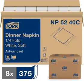 Np5240c Tork White Soft Dinner Napkin 1/4 Fold 2-ply 16.3 Inch X 8 375 Napkins