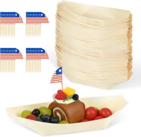 Tr-s-1 Treehac 100 Pack 8 Inch Disposable Bamboo Boat Plates With American In Natural