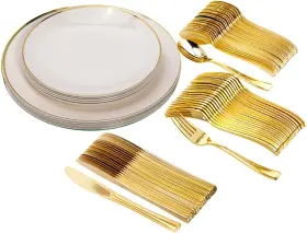 Trendables 743795013359 Disposable Plastic Plate Set With Cutlery Ivory 200 Ct Serves 40 Silv