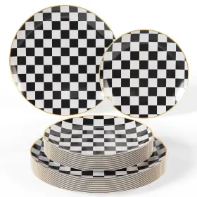 Trendables 743795014974 40 Pcs Checkered Plates Set - Heavy Duty Dinnerware Sets Black And White Plas