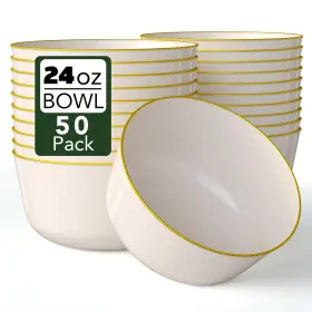 Trendables 810173101158 Plastic Bowls Disposable 24 Oz Bowl Set Of 50 Ivory Gold Rimmed Fancy Plas