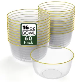Trendables 810173102261 Clear With Gold Rim Plastic Bowls Disposable 16 Oz Bowl 60 Count Disposa