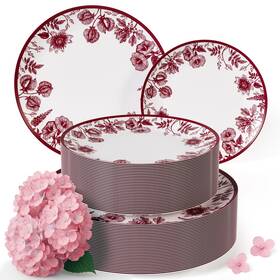 Trendables 97934 Disposable Plates For Party Supplies Burgundy Floral Plastic