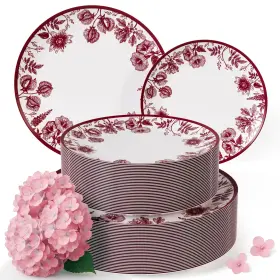 97934 Trendables Disposable Plates For Party Supplies Burgundy Floral Plastic