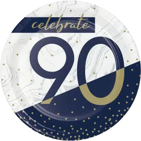 Trendware 039938941857 Navy And Gold 90th Birthday Dessert Plates 24 Ct