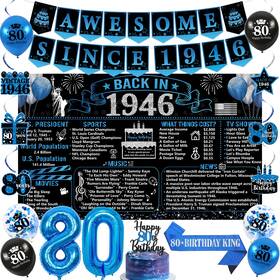 Trgowaul 426908273439 Blue And Black 80th Birthday Decorations For Men Backdrop Cake Topper Balloons