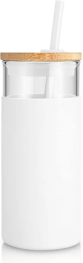 Bg-wj-16-mbsapz1 Tronco 20 Oz Glass Tumbler With Lid And Straw 1 Count Pack Of White