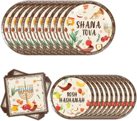 Rh201 Tsjliki 48pcs Rosh Hashanah Disposable Plates And Napkins Sets - Jewish Large Brown