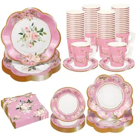 Tw0392xch Twowyhi 136pcs Floral Tea Party Supplies For 25 Cups With Handle 9 Inch 7 Flo