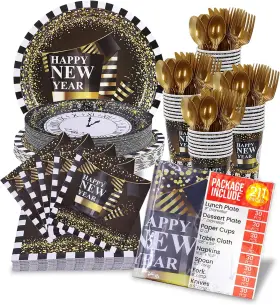 Tyi Trading 711181978544 Happy New Year Paper Dinnerware Set For 30 Guest - Black And Gold Party Supplies