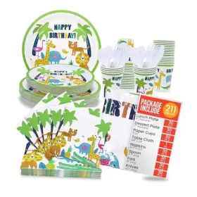 Tyi Trading 850057009019 Jungle Happy Birthday Paper Dinnerware Set For 30 - Safari Plates Animal