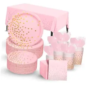 Tyi Trading 850057009026 211pcs Pink Gold Plates Napkins Party Supplies For 30 Guest Polka Dot