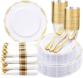 U-qe 445016728754 175 Pieces Gold-plastic-plates And Napkins-party-supplies - White Gold