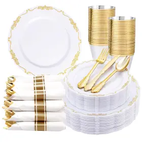 U-qe 777304621063 175 Pieces Gold Plastic Plates And Napkins Party Supplies - White Di