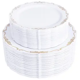 La00 U-qe 100pcs Gold Plastic Disposable Plates - Heavy Duty White And