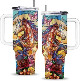 Sb3-40oz-horse Uibunoo Horse Gifts 40 Oz Tumbler With Handle And Butterfly