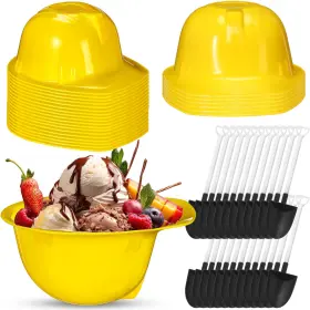 Ggn-uiifan-3396 Uiifan 24 Sets Construction Hat Ice Cream Bowls Spoon Set Plastic Snacks Frozen Yog