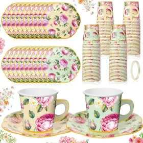 Umigy 445006090052 60 Sets Tea Party Decorations 6.5oz Floral Paper Cups With Handle And