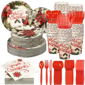 Meq-umigy-482 Umigy Best 400 Pcs Christmas Disposable Dinnerware Set For 50 Guests Poinsettia