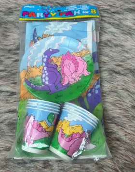 Unique 011179016778 Vtg 1986 Dinosaur Party Pak For 8 Plates Napkins Cups Tablecloth New