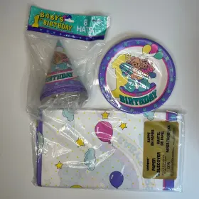 Unique 011179199037 Vintage Babys 1st Birthday Party Supplies Plates Hats Tablecover Set 94