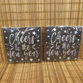 Unique 011179933747 32 Count Cheers To The New Year Cocktail Party Beverage Napkins Black Silver