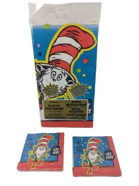 12143 Unique Vtg Dr Suess Cat In The Hat 54 Inch X 84 Plastic Table Cover And 10 Paper Napkins