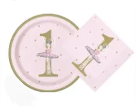 75955 Unique Girls Pink Gold 1st Birthday Party Ballerina 16 Plates And Napkins