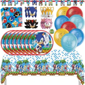 Unique 801531008998 Sonic Birthday Party Kit With Tablecloth Plates Napkins Balloons Banner