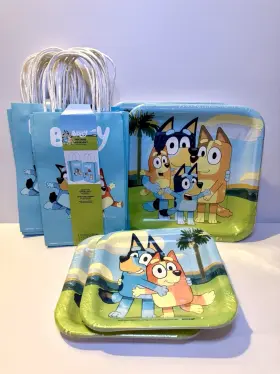 Unique 810101451645 Bluey Birthday Party Pack - 7 Inch And 9 Plates Kraft Favor Bags 16 Each New
