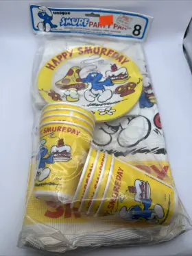 9935 Unique Vintage Smurf Party Pak For 8 1982 Table Set Plates Tablecloth Napkins Cups New