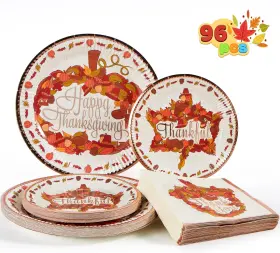 11899 Us Corp 96 Pcs Thanksgiving Paper Plates And Napkins Disposable Dinnerware Set Includes