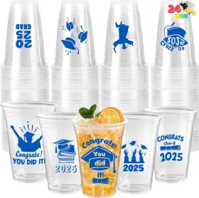17305 Us Corp 24 Pcs 16oz Graduation Party Plastic Cups Blue Designs Disposable For