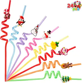 Us Corp 313056520584 24 Pcs Christmas Plastic Straws 8 Colors Reusable Drinking For Xmas Part