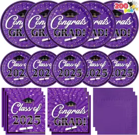 Us Corp 705353411113 200 Pcs Graduation Party Plates And Napkins Dinnerware Set Supplies 2025 Purple