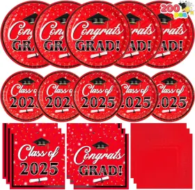 Us Corp 711181688689 200 Pcs Graduation Party Plates And Napkins Dinnerware Set Supplies 2025 Red Di