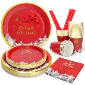 Mc101 Uvtqssp 125 Pcs Christmas Paper Plates And Cups Party Supplies Red Bow Merry Christm