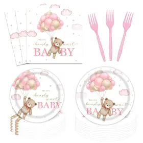 Va-tzzpzj-bs041 Vanulus 96 Pcs Bear Baby Shower Party Plates And Napkins Set We Can Bearly Wait Part