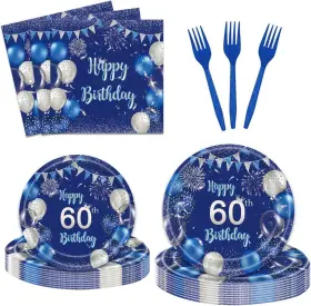 Va-tzzpzj-bs11 Vanulus 96 Pcs Blue 60th Birthday Party Plates Napkins Tableware Set Happy Navy