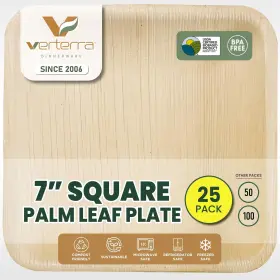 Verterra 812478011538 Palm Leaf Plates 7 Inch Square 25 Pack Like Bamboo Disposable And Ecofr