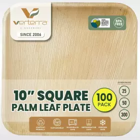 Verterra 812478013808 Palm Leaf Plates - 10 Inch Square 100 Pack Like Bamboo Disposable