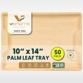 Verterra 812478014447 10 Inch X14 Palm Leaf Tray 50 Pack Disposable Serving Platters Ec