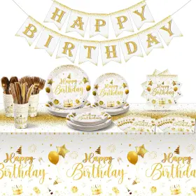 Bs-vesici-1908 Vesici 171 Pcs Happy Birthday Party Supplies 24 Set Disposable White Gold Bs-vesici-1908 Vesici 171 Pcs Happy Birthday Party Supplies 24 Set Disposable White Gold
