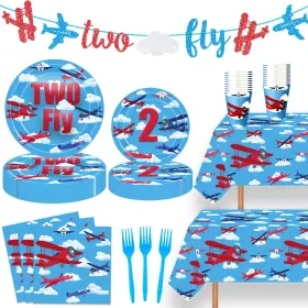 Vetwo 768561842209 115 Pcs Airplane 2nd Birthday Party Decor Two Fly Paper Plates Napkins Forks Cup