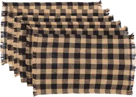 30627 Vhc Brands Burlap Black Check Cotton 12x18 Fringed Placemat Ebony Tan