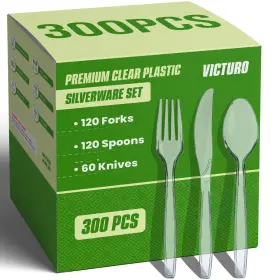 Victuro 198715731057 300 Count Clear Plastic Silverware Set - 120 Forks Spoons 60 Kn