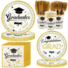 Plate09 Vints Graduation Party Supplies 150pcs White And Gold Congrats Grad Tableware Set W