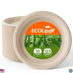 El125-10-yp-n Visit The Ecolipak Store 100% Compostable 10 Inch Paper Plates 125 Pack Heavy Duty Biodegradable Dinnerware