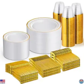 B0d5qf3x1x Visit The Wellife Store 600 Pcs Gold Disposable Dinnerware Set For 100 Guests - Plates Cups Cutlery